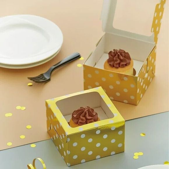 Celebrate Treat Boxes with Window & Cupcake Insert Gold White Polka Dots 3ct ea - Picture 14 of 14